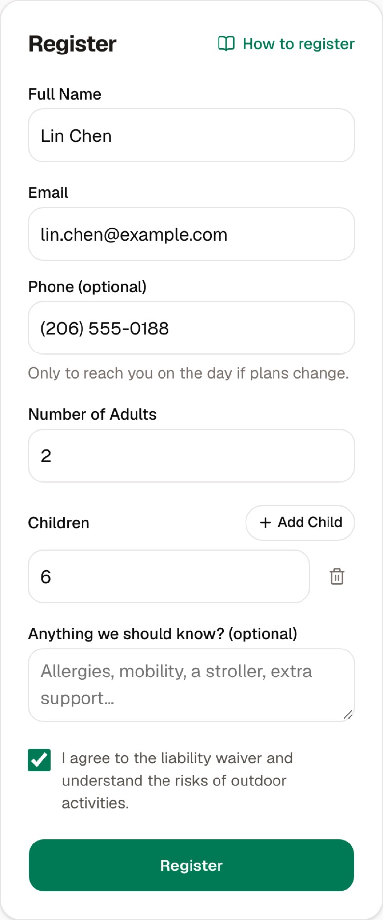 The registration form