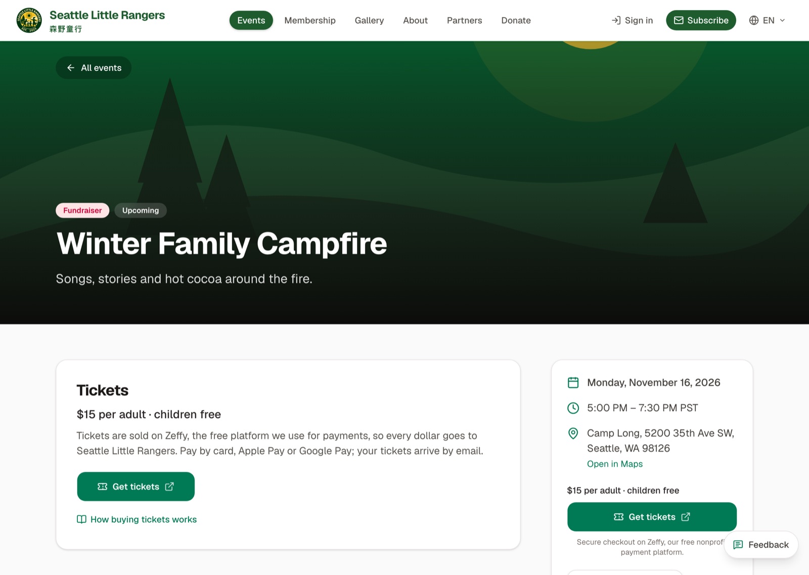A paid event's page