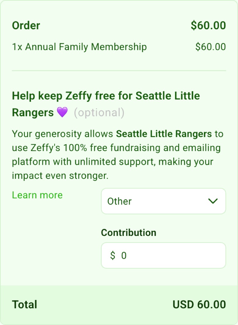 The form's Summary: the tip dropdown set to Other, the contribution at 0, and the total USD 60.00